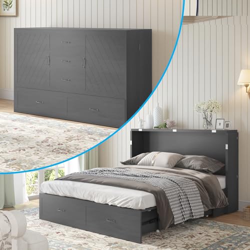 Queen Size Solid Wood Murphy Bed with Foam Mattress and 2 Storage Drawers R108855
